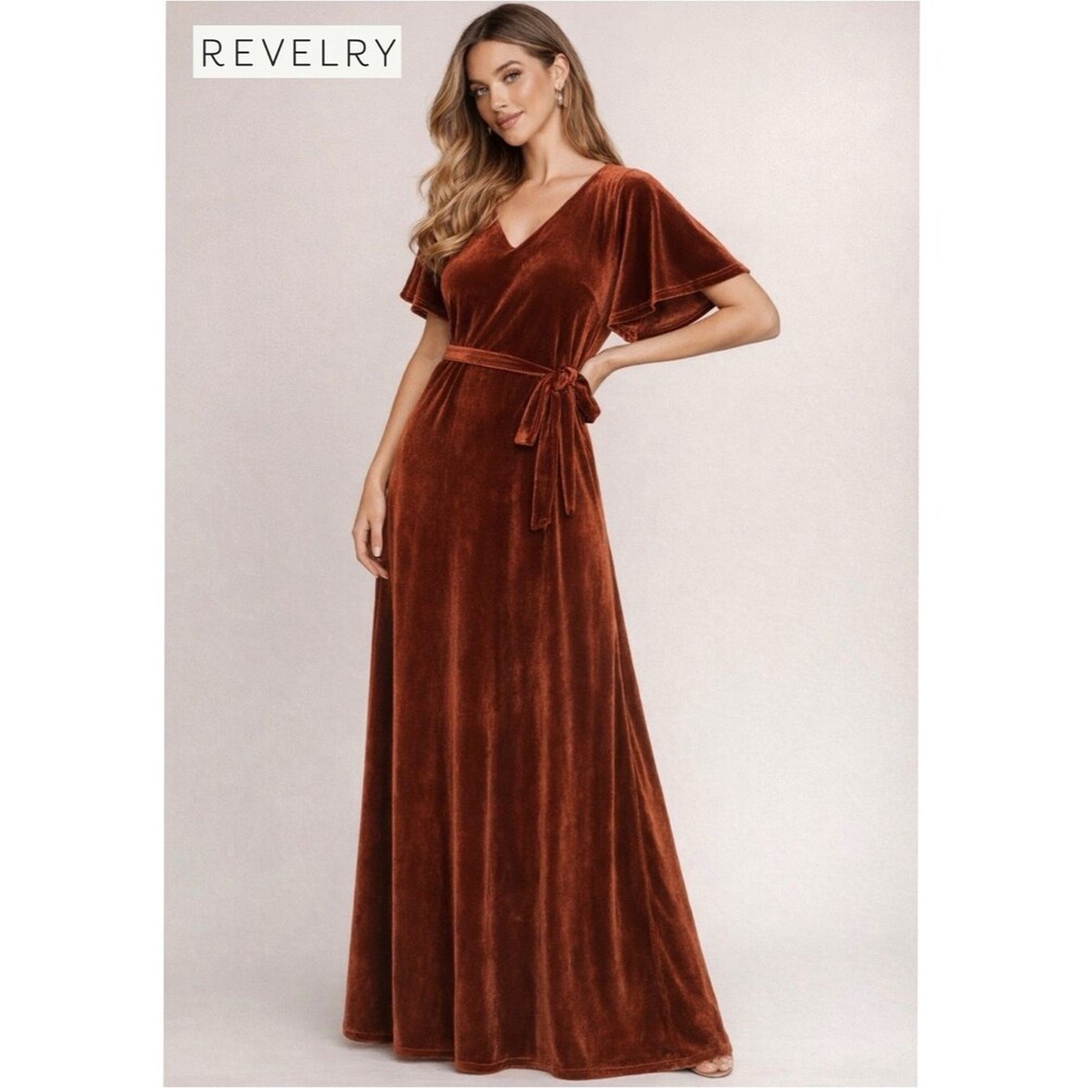 Revelry Reese Velvet Maxi Dress Terracotta XS NWT Flutter Sleeve V-Neck Gown